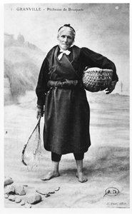 Cartão postal, descrevendo, um, camarão grande, fisherwoman, de, granville, normandy, cedo, vigésimo século